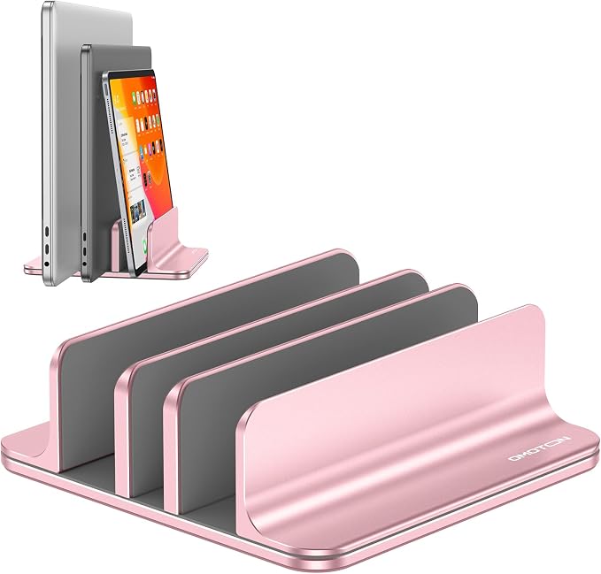 OMOTON 3-Slot Multiple Vertical Laptop Stand, Fits MacBook, Rosegold | Adjustable Width 0-1.38", Aluminum Office Space-Saving for Desk, Fits MacBook/Book/iPad Up to 17.3in by OMOTON