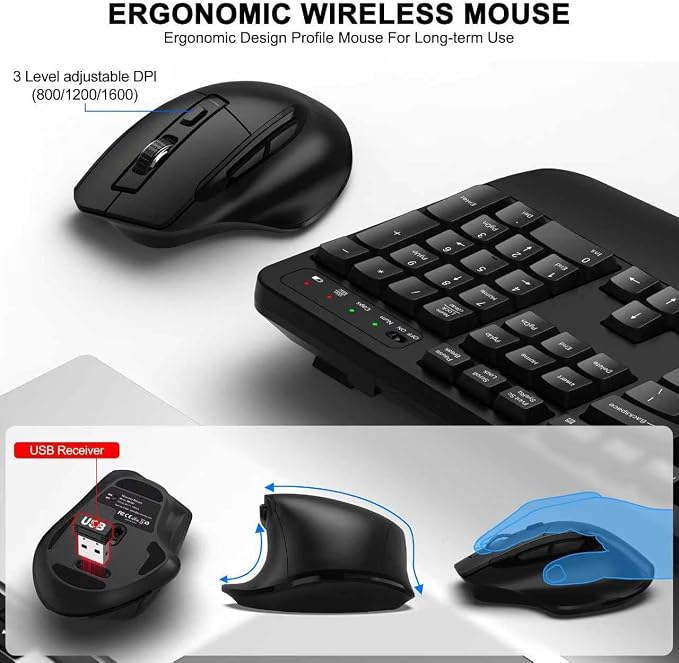 Wireless Keyboard and Mouse Combo, 2.4G Ergonomic Wave Keys(Black) | Full Size Wave Keyboard with Wrist Rest, 3-Level DPI Adjustable Ergonomic Mouse for Windows and Mac OS Desktop/Laptop/PC - Image 4