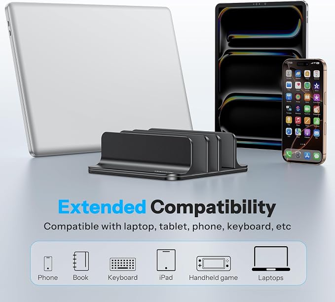 OMOTON 3-Slot Multiple Vertical Laptop Stand, Fits All MacBook, Black | Adjustable Width 0-1.38", Aluminum Office Space-Saving for Desk, Fits MacBook/Book/iPad Up to 17.3in - Image 6