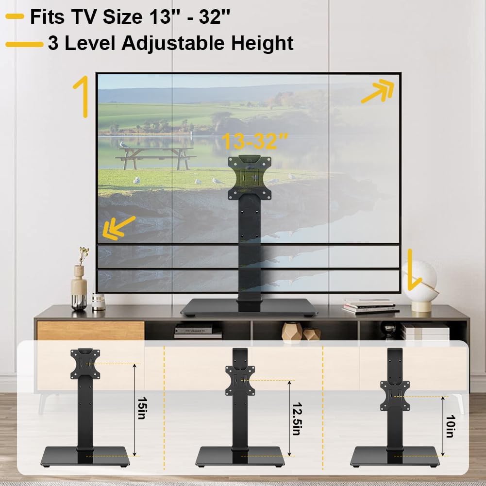 WKWKER Universal TV Stand for 13-32inch LED LCD Table Top Television Stand with 45 Degree Height Adjustable Swivel TV Stand Mount with Tempered Glass Base Max VESA 100x100mm - Image 4