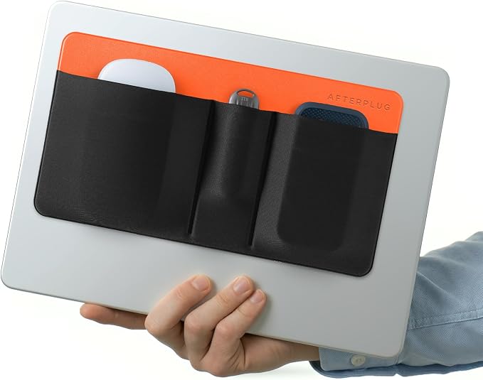 3-Pocket Mouse & Hard Drive Holder for Laptop, Stick-On Pouch | Reusable 3M Adhesive | Fits 2.5-Inch External HDDs, SSDs, Mice, USB Drives & More | Elastic Sleeve with Built-In Safety Strap by Afterplug