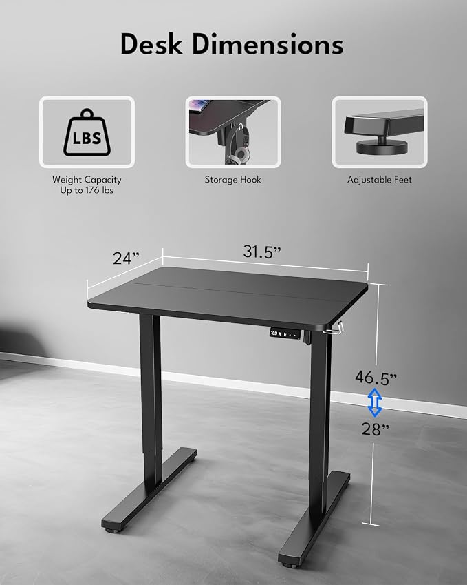 Small Electric Standing Desk, Gaming Desk, 31.5x24 Inch, Black | Height Adjustable Computer Desk with Smart Controller, Sit and Stand Up Table for Home, Office, Work, Study, Writing - Image 2