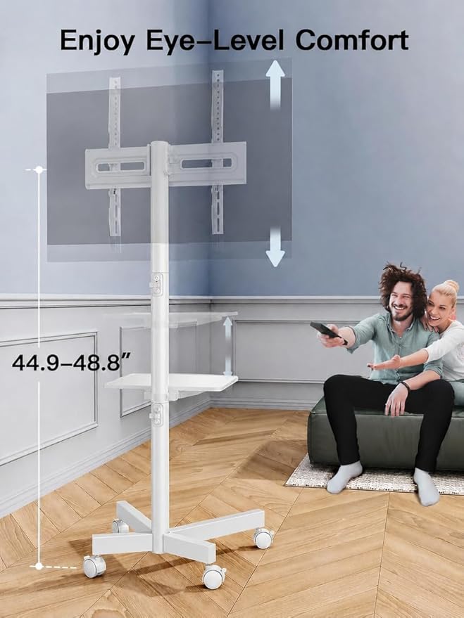 PERLESMITH Rolling White TV Stand for 23–65 Inch TVs up to 99 lbs, Portable TV Stand on Wheels with Height Adjustable Shelf, Outdoor Mobile White TV Cart for Bedroom, Max VESA 400x400mm, PSTVMC04W - Image 4