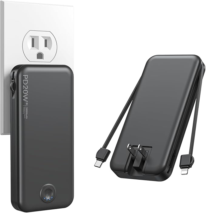 Nusyddy Portable Charger 10000mAh Fast Charging w/Built-in Wall Plug Black | PD20W Fast Charging, LED Indicator, Pass Through Charging, TSA Approved, Compact/Slim, Power Bank for iPhone/iPad/Samsung by NUSYDDY