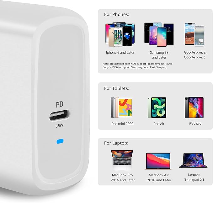 Amazon Basics 65W One-Port GaN USB-C Wall Charger with Power Delivery PD, Foldable Plug, Portable, Fast Charging for Laptops, Tablets & Phones, Non-PPS, White - Image 4