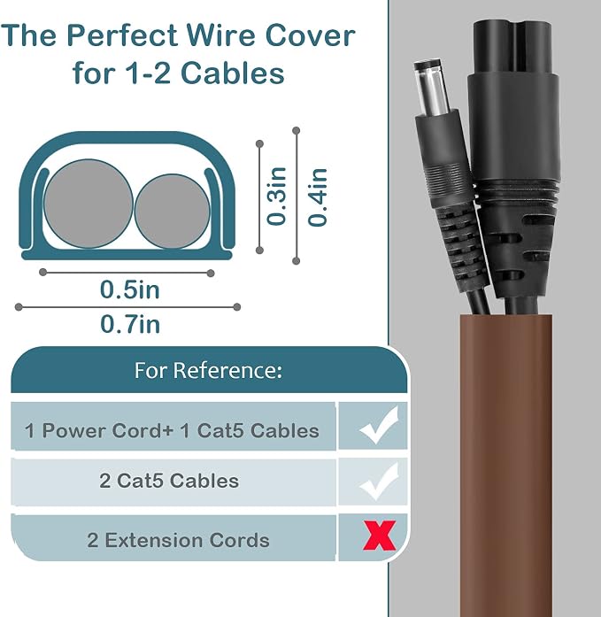 ZhiYo 43" Cord Covers for Wires on Wall, Brown Cord Hider, 0.7" W x 0.4" H | Fits 2 Cords, Premium Paintable Raceway for Wall-Mounted TV, Self-Adhesive Wire Hider for Extension Cords & Ethernet Cables - Image 2