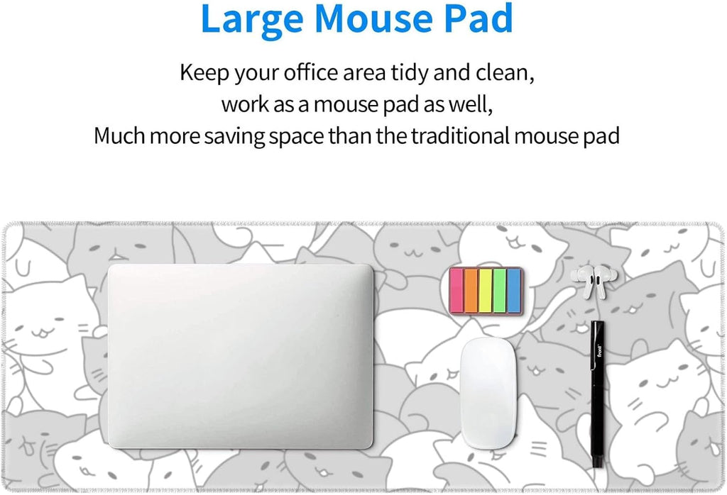 White Kawaii Cats E-Sport Mouse Pad Large Desk Mat Non-Slip Rubber Base Stitched Edge Keyboard Mouse Pad for Office Home E-Sport Computer Laptop, 31.5×11.8 Inches - Image 5