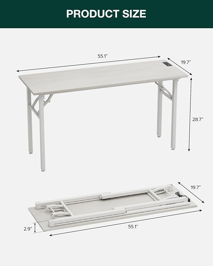 Small Folding Computer Desk – 55.1 Inch Portable Table for Craft and Study, Lightweight Desk for Small Spaces, Foldable Laptop Table Built-in AC/USB Outlets for Convenience, White Ash - Image 2