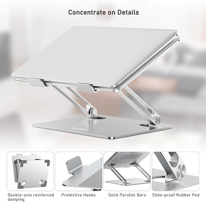 BoYata Laptop Stand, Adjustable Aluminum Riser for 15-Inch Laptops, Silver | Slide-proof silicone pads and protective hooks provide stable support for MacBook, notebooks and laptops up to 15 inches - Image 4