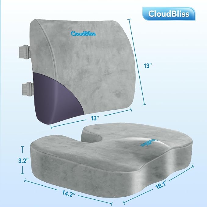 CloudBliss Ergonomic Seat Cushion & Lumbar Support Pillow Set, Light Grey | Back Pain & Sciatica Relief, Memory Foam Support, Adjustable Straps, Machine Washable Velvet, Perfect for Office, Car, Gaming - Image 5