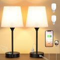 Bedside Table Lamps Set 2 for Bedroom - Dimmable Touch, USB C+A, AC Outlet | 14.5" Mini Lamp, 3-Way Dimmable, LED Bulbs Included, Trapezoid Barrel Fabric Lampshade, Nightstand Light for Guest Room, Kids by Acaxin