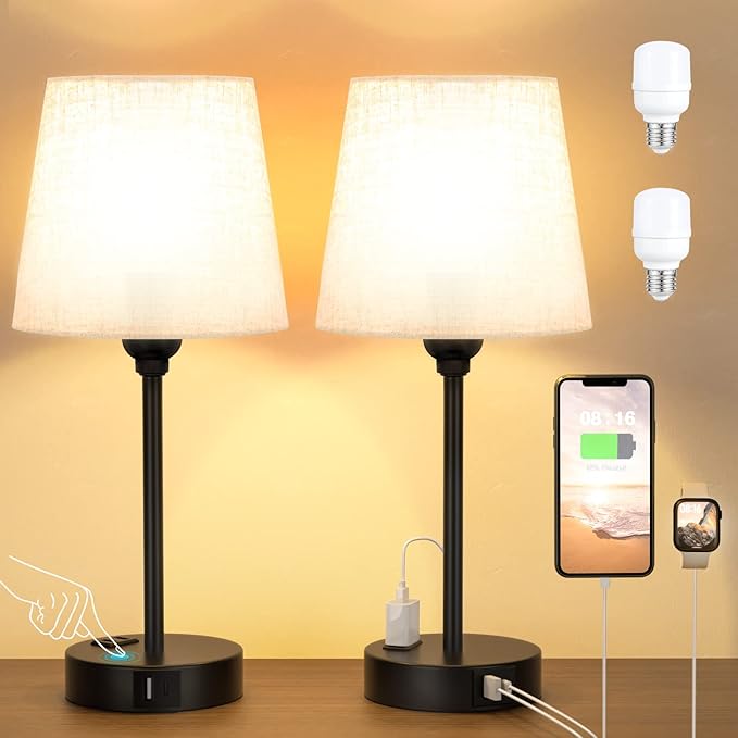 Bedside Table Lamps Set 2 for Bedroom - Dimmable Touch, USB C+A, AC Outlet | 14.5" Mini Lamp, 3-Way Dimmable, LED Bulbs Included, Trapezoid Barrel Fabric Lampshade, Nightstand Light for Guest Room, Kids by Acaxin