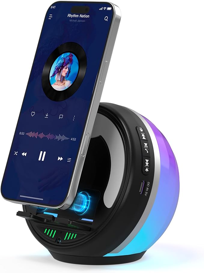 Wireless Induction Speaker with Phone Stand, RGB Bluetooth Desk Speaker | No Bluetooth Pairing, Instant Sound Boost, Great for calls, podcasts, and videos, Unique Gift for Men, Dad, Mom, Office by Unknown