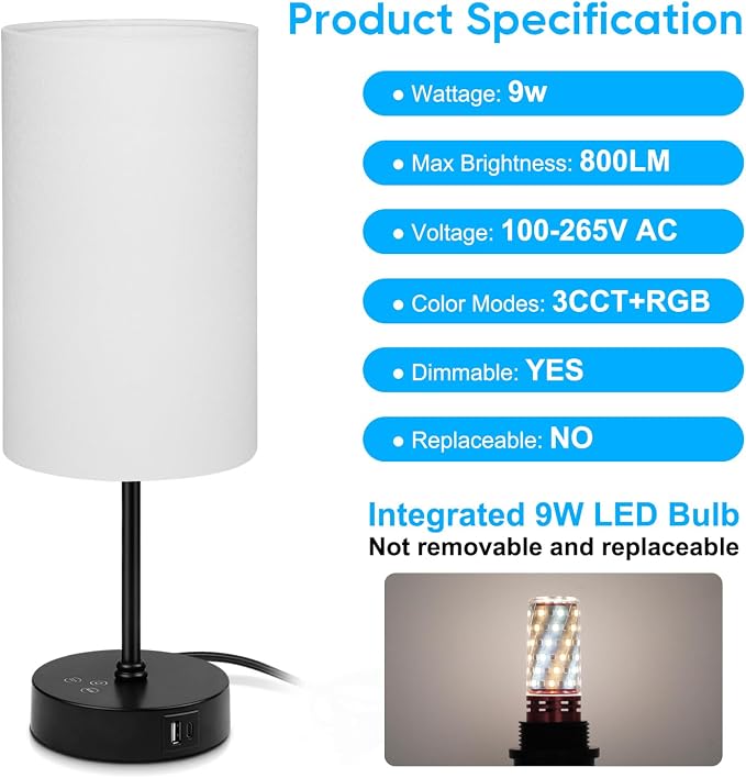17Inch Table Lamp, 3 CCT 3000K/4500K/6500K & RGB Color Changing, Stepless Dimmable Bedside Lamp for Reading, Ambience Nightstand Light for Home Decor Party, White Shade - Image 6