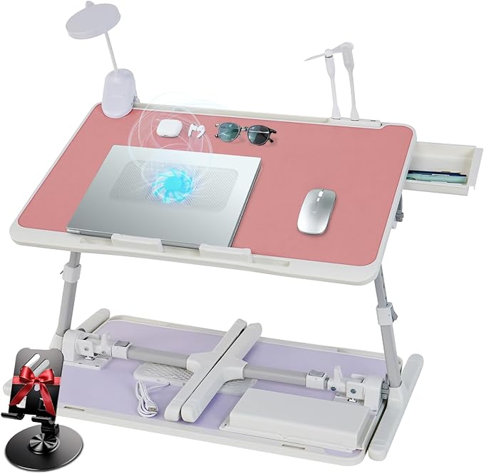 Adjustable Laptop Lap Desk with Cooling Fan USB Light for Adults 60x40cm,Pink by IXTRA