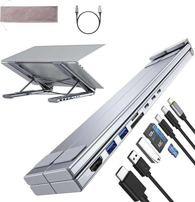 Laptop Stand with Docking Station, 8 in 1 USB C Hub HDMI Portable Laptop Stand for Desk with USB Ports, Multiport USBC Dock Stands Foldable Adjustable Computer Riser Holder Dongle for MacBook by Umaniy