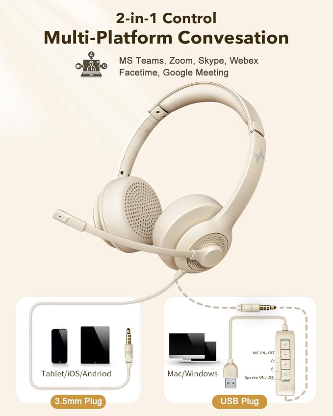JIAMQISHI USB Headset with Microphone for PC, On-Ear Computer Laptop Headphones with Noise Cancelling Mic in-line Control for Home Office Online Class Zoom (USB+3.5mm, Apricot) - Image 5