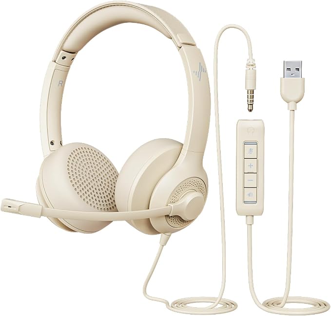 JIAMQISHI USB Headset with Microphone for PC, On-Ear Computer Laptop Headphones with Noise Cancelling Mic in-line Control for Home Office Online Class Zoom (USB+3.5mm, Apricot) by JIAMQISHI