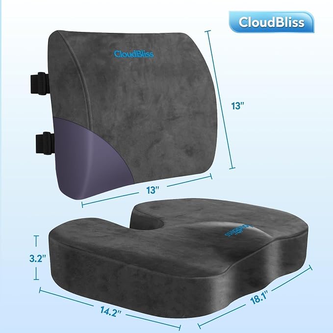 CloudBliss Ergonomic Seat Cushion & Lumbar Support Pillow Set, Grey, Large | Back Pain & Sciatica Relief, Memory Foam Support, Adjustable Straps, Machine Washable Velvet, Perfect for Office, Car, Gaming - Image 5