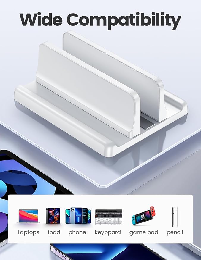 Vaydeer Vertical Laptop Stand Holder Plastic Adjustable Desktop Notebook Dock Space-Saving 3 in 1 for All MacBook Pro Air, Mac, HP, Dell, Microsoft Surface, Lenovo, up to 17.3 inches (White) - Image 5