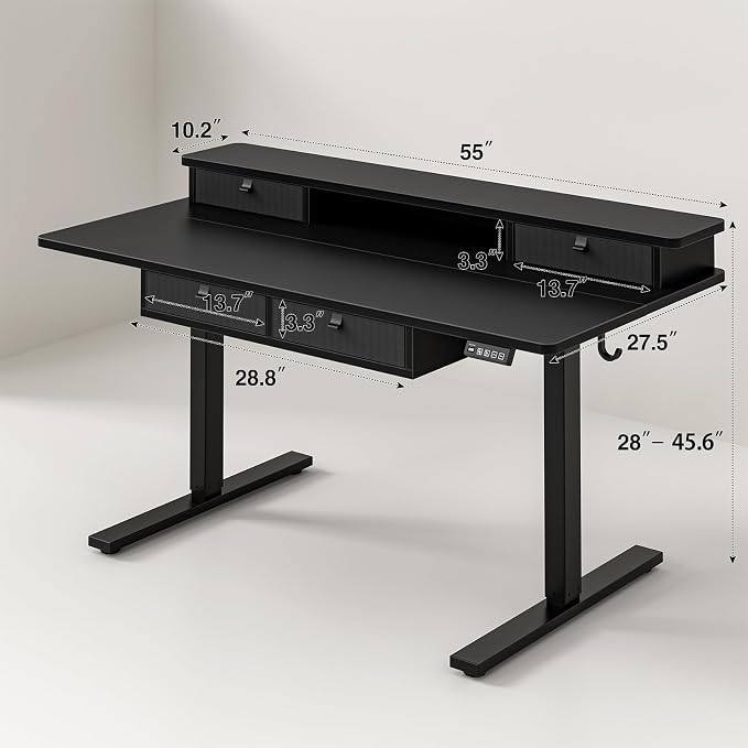Grandder Electric Standing Desk with Four Drawers, Sit to Stand Up Height Adjustable Desk with Storage Shelf for Home Office, 55 * 28 Inch, Study, Ergonomic Adjustable Computer Desk, Black - Image 3
