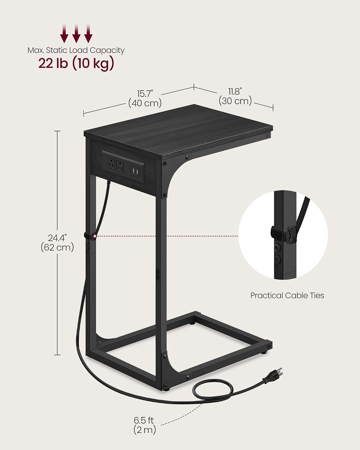 VASAGLE C-Shaped Side Table with Charging Station, 2 USB Ports and Outlets - Image 2