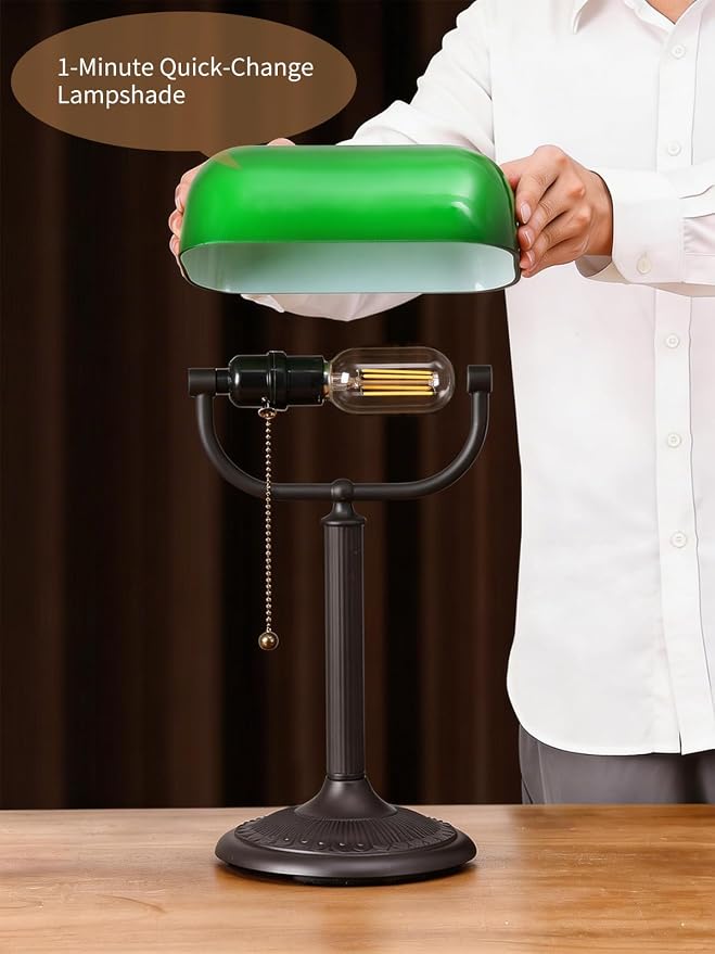 1-Minute Quick-Change Shade Antique Green Glass Bankers Desk Lamp | Study Office Library,LED Bulb Included - Image 2