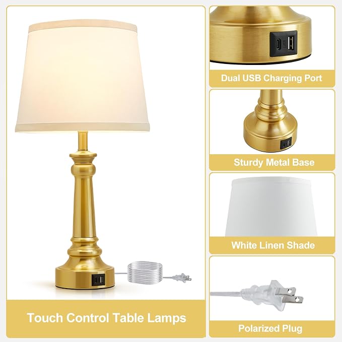 EJIAXIN Touch Lamps for Nightstand Set of 2 - Gold Table Lamp for Bedroom Dimmable Bedside Lamps with USB C+A Ports - Lamps for Night Stands Living Room End Table,2 LED Bulbs Included - Image 6