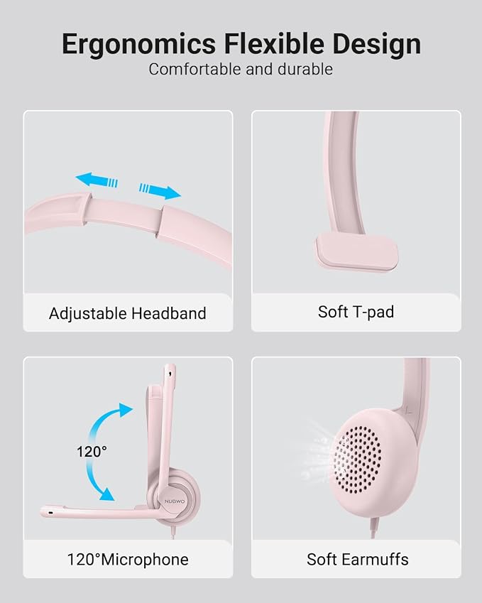 NUBWO HW02 USB Headset with Microphone Noise Cancelling & in-line Control | Ultra Comfort Computer Headphones for Laptop pc, On-Ear Wired Office Call Center Headset for Boom Skype Webinars (Pink) - Image 4