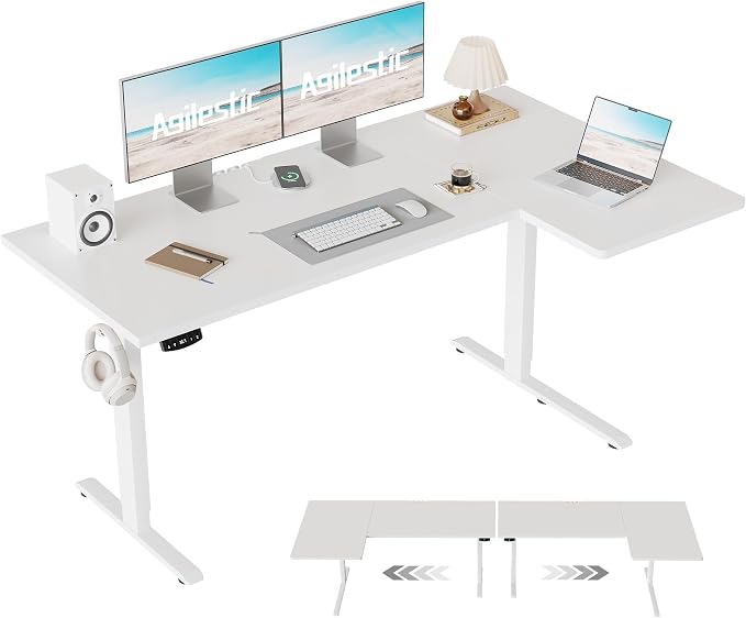 Agilestic 55 * 28 Inch Reversible L Shaped Electric Standing Desk, White | Reversible left-right installation, L-shape Workspace, Sturdy Steel Frame, Memory Presets, Hooks, 176 lbs, Easy Assembly by Agilestic