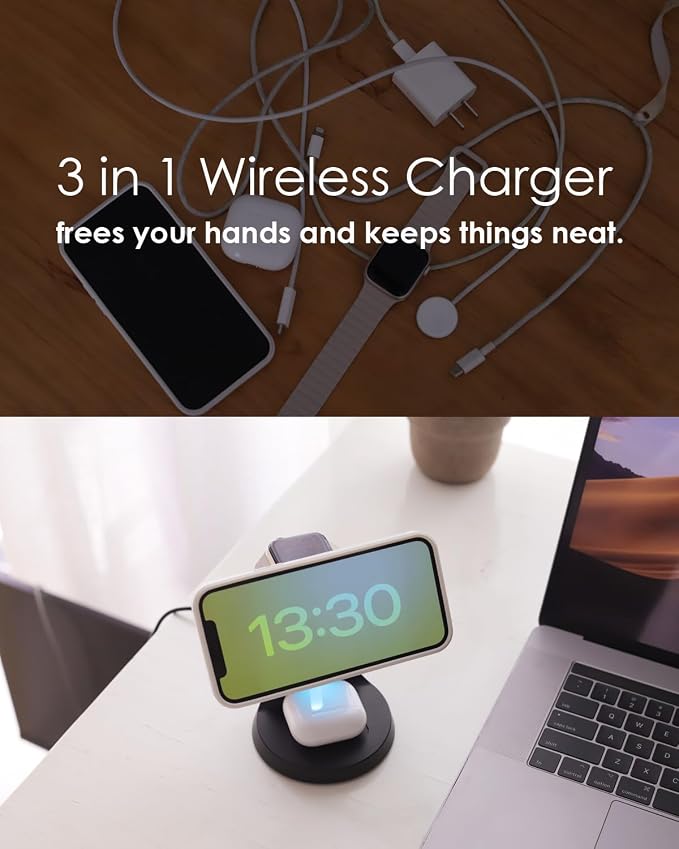 Wireless Charger,3 in 1 Charging Station,15W Phone Charger Stand | Compatible with Mag-Safe Charger for iPhone 17/16/15/14/13/12 Series, Apple Watch, AirPods (Adapter Included) - Image 2