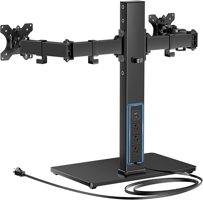 HUANUO Dual Monitor Mount with Power Outlet, Computer Monitor Stand with Sturdy Glass Base, Full Motion Dual Monitor Stand with Adjustable Height, Supports 13″-32″ Displays up to 22 lbs, Easy Setup - Image 8