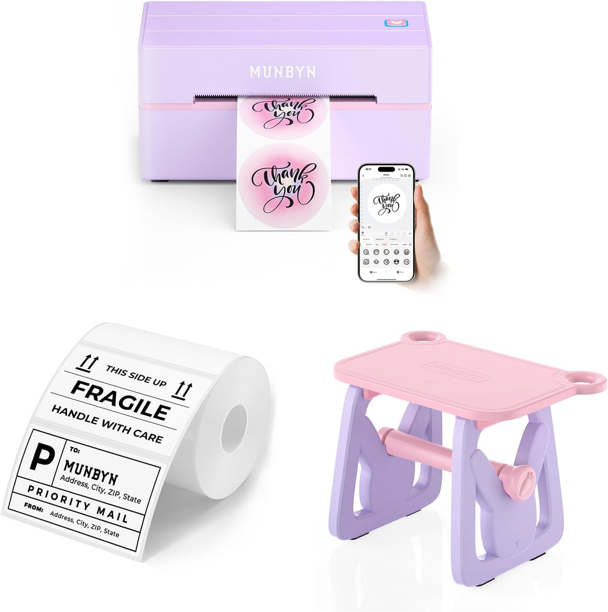 MUNBYN 130B Bluetooth Thermal Label Printer+3x2 Inch White Thermal Labels+Label Holder for Rolls and Fanfold Labels by MUNBYN