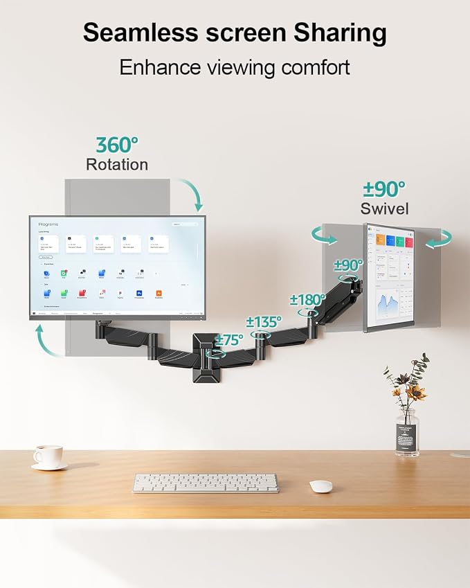 Long Arm Dual Monitor Wall Mount for 17-32" | 27.1" Extra Long Monitor Mount Holds up to 17.6 lbs Each Gas Spring Wall Monitor Arm Full Motion VESA Mount, 75/100, Black - Image 7