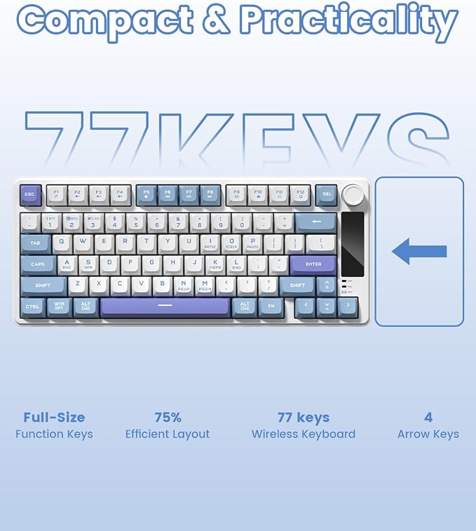 Womier DK75 75% Wireless Gaming Keyboard, RGB Backlit Creamy Keyboard with Media Knob, OLED Screen, Tri-Mode 2.4GHz/USB-C/BT5.0, Anti-Ghosting No-Conflict Silent Membrane Keyboard for MAC Windows - Image 7