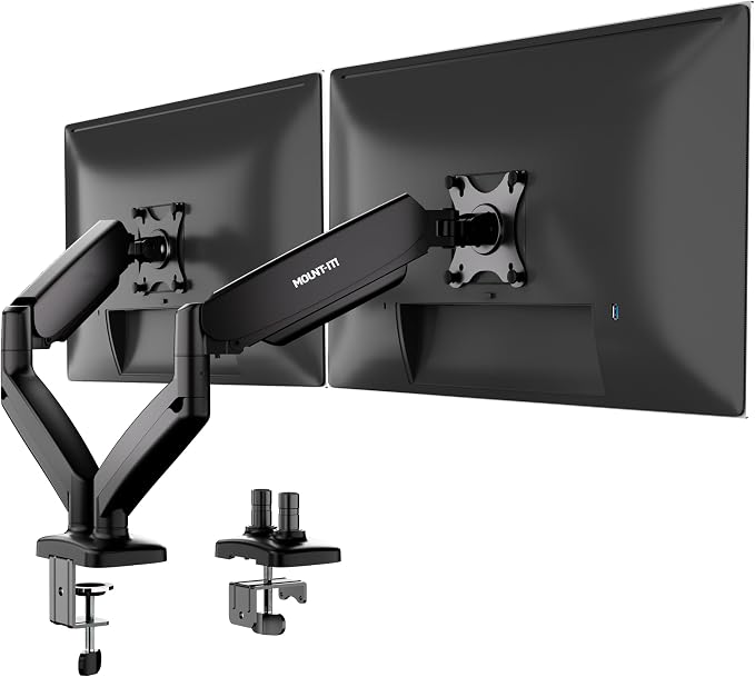 Mount-It! Dual Monitor Desk Mount, 13-32", 17.6 lbs Each | Two independent gas spring arms, full motion, VESA 75x75 & 100x100, C-clamp & grommet base. by Mount-It