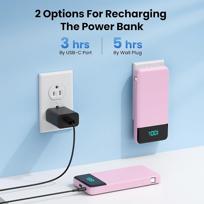 Portable Charger Power Bank for iPhone with Built-in Cables and AC Wall Plug, 13800mAh Ultra Slim Travel Essentials,USB C Fast Charging External Battery Pack for iPhone 17/16/13,Galaxy,Android-Pink - Image 3