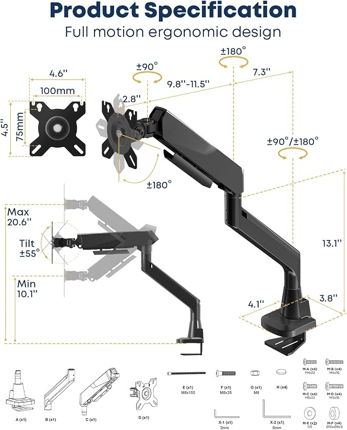 Ultrawide Monitor Arm fits 17-49 Inch Heavy Duty Flat/Curved Monitor | Cable Management, Full Motion, Gas Spring Arm, Holds 35.2 lbs with Clamp & Grommet Desk Mount, VESA 75/100mm, Black - Image 4