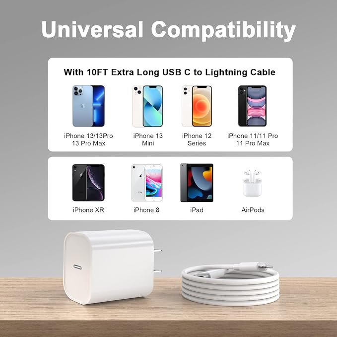 iPhone 14 13 Charger Fast Charging 10 FT, 20W USB C Charger Block & Cable | [Apple MFi Certified] 20W Type C Wall Charger & 10FT Long USB C to Lightning Cable for iPhone 14 13 12 11 Pro Max XS XR X 8 7 - Image 4