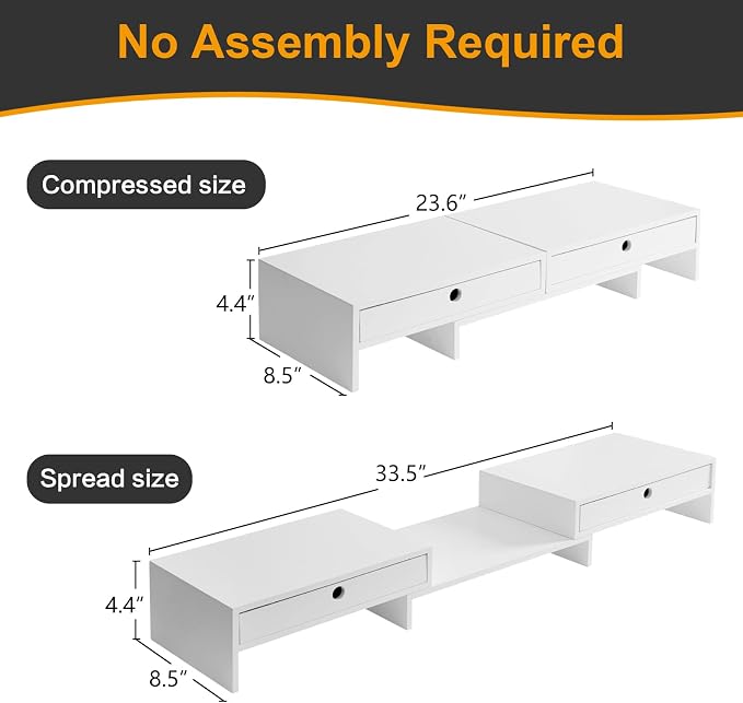 LAPTAIN Wooden Dual Monitor Stand with 2 Drawers, Monitor Stand Riser with Adjustable Length and Angle, Solid Wood Desktop Organizer Stand for Laptop/PC/Computer, No Assembly Required - Image 2