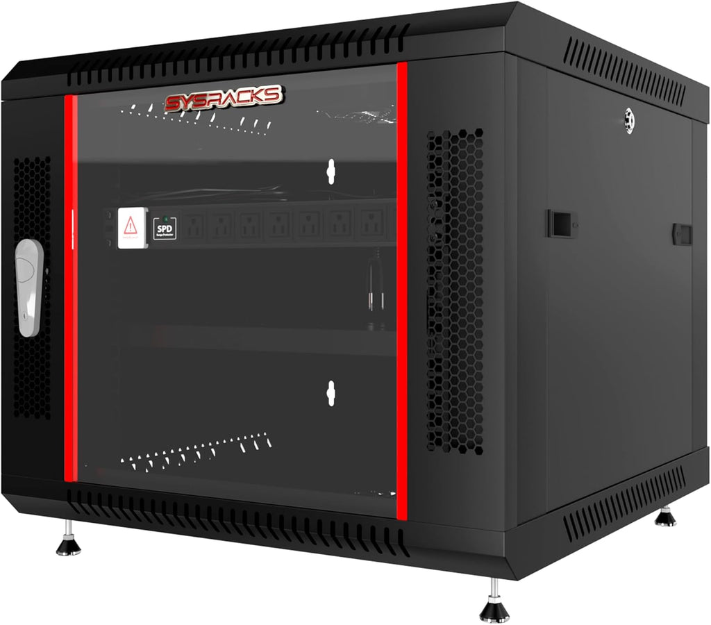 9U Wall Mount Server Rack Cabinet 24” Deep, 19” Network & AV Enclosure for Home Lab with Fan, PDU, 1 Shelf, Locking Glass Door by Sysracks