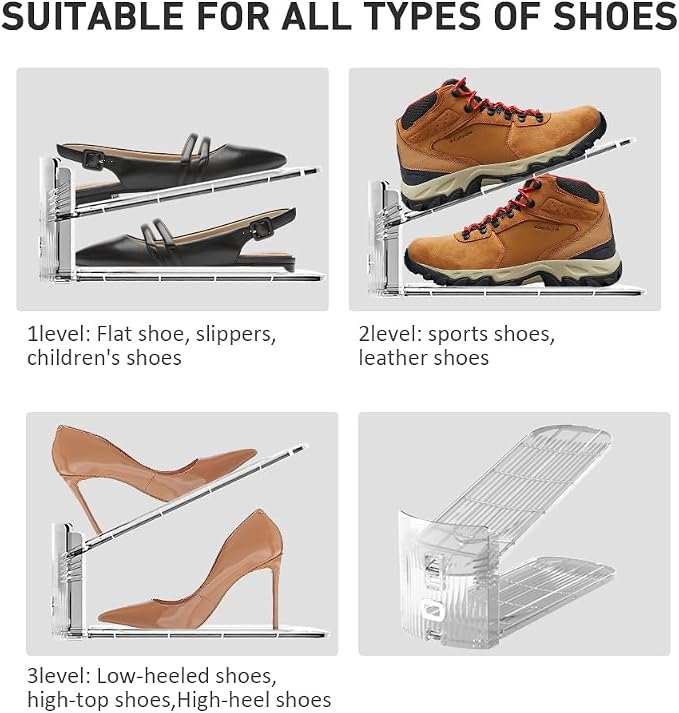 NVGSN 12Pack Clear Shoe Slot Organizer,Shoe Stacker,Storage Space Saver 50% | 3 Levels Adjustable Height 3.7''-7.7''shoe Organizer for Closet,Easy to Assemble shoe Rack Holder,Organizador de Zapatos - Image 6