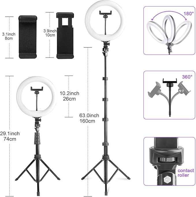 UEGOGO 10'' Ring Light with 72'' Tripod Stand & Phone Holder，38 Color Modes Dimmable LED Ringlight for Live Stream, YouTube,Makeup,TikTok - Image 4
