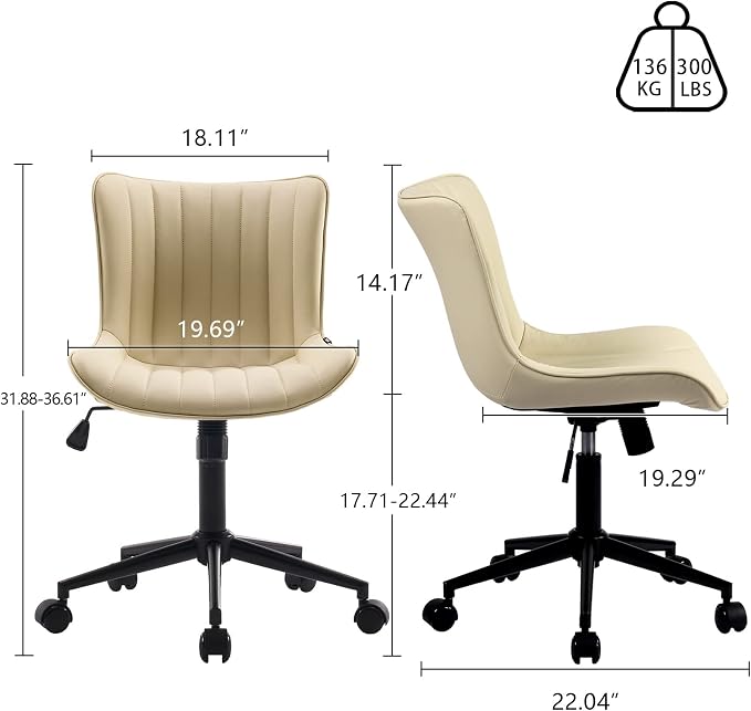YOUNIKE Office Desk Chair with Wheels Armless Vanity Chair Modern Beige | Faux Leather Upholstered with Rocking Back, Swivel Height Adjustable Small Cute Computer Rolling Task Chair Ergonomic 300lb - Image 2