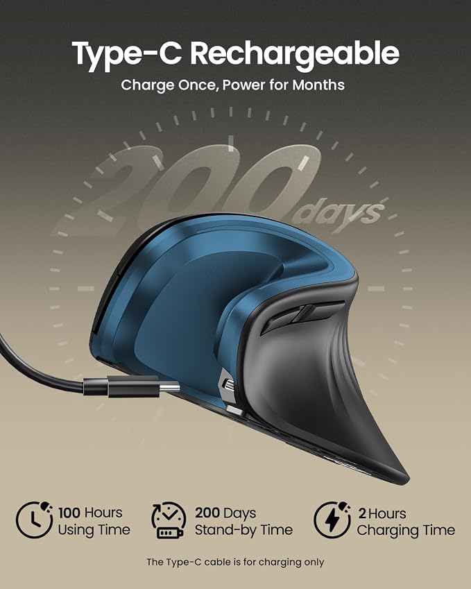 ProtoArc EM11 NL Wireless Ergonomic Mouse, Rechargeable Vertical Mouse | 58° vertical design supports a natural wrist posture, connect 3 devices via Bluetooth/2.4G USB-A, 500mAh USB-C rechargeable. - Image 3