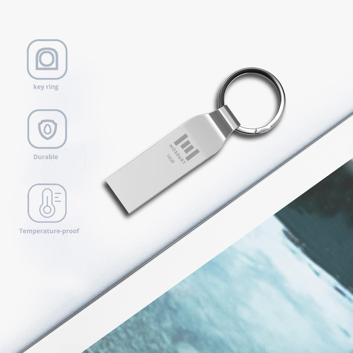 MOSDART 16GB Metal USB 2.0 Flash Drive Waterproof with Keychain, Silver - Image 7