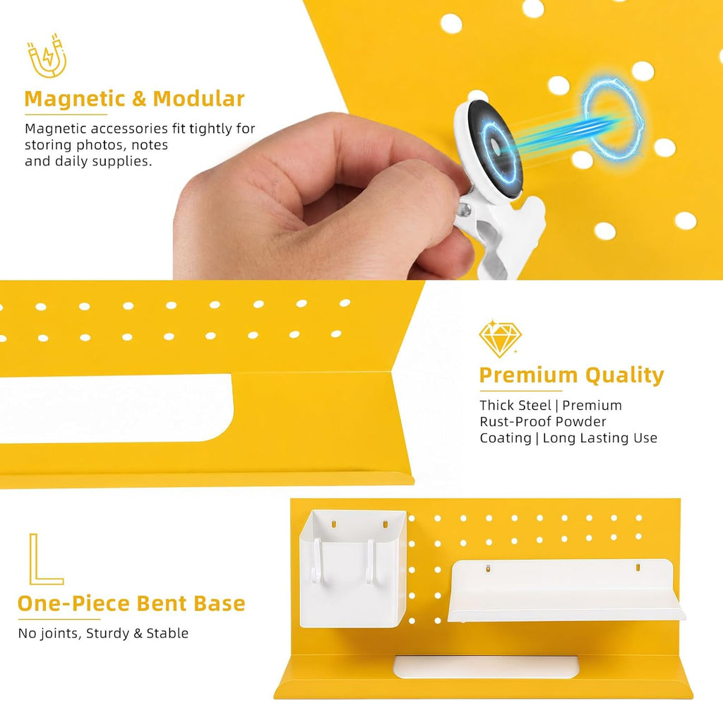 Metal Desk Pegboard Organizer, No Drill Modular Storage Kit 10 Accessories 15.8x11.8in White Yellow for Office Vanity - Image 5