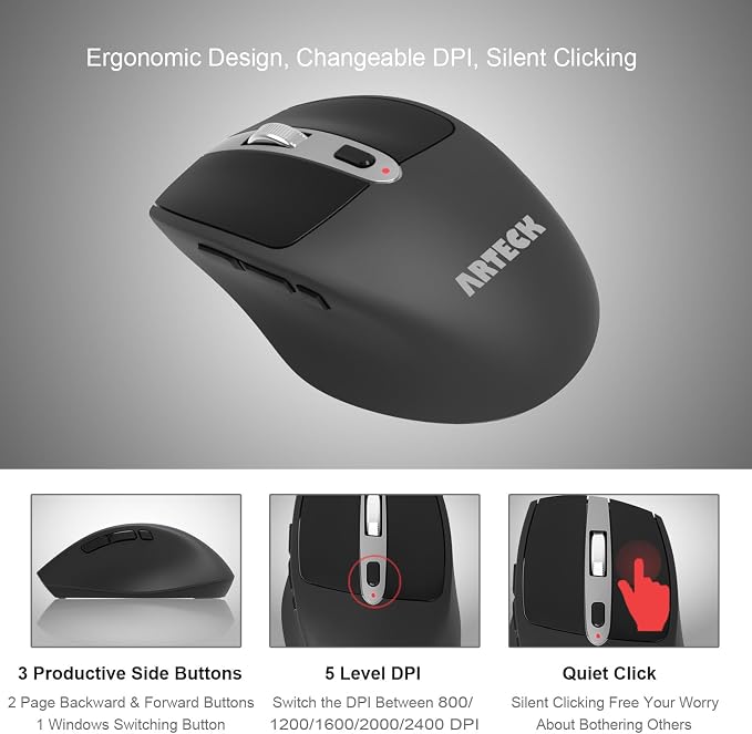 Arteck 2.4G Wireless Keyboard and Mouse Combo Ultra Slim Full Size Keyboard Keyboard and Ergonomic Mice for Computer Desktop PC Laptop and Windows 11/10/8/7 Build in USB-C Rechargeable Battery - Image 3