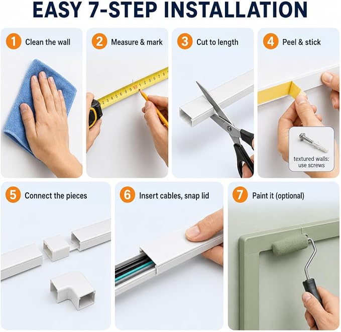 OnElecs 315in Cable Raceway Kit, Cord Cover Wall Cord Hider, PVC Wire Hider Wall Mount for TV Computer Office - Self-Adhesive Wire Cover Cable Management Kit, Paintable White Cord Organizer - Image 9