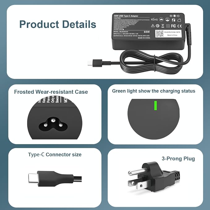 65W USB C Charger Fit for Lenovo Thinkpad/Yoga/Chromebook/Thinkbook Laptop | For ThinkPad T14 T14s T15 E14 E15 E16 X1 Carbon X13, Yoga 7i 9i, Chromebook C330 S330 ADLX65YDC2A ,Type C Fast Charging - Image 2